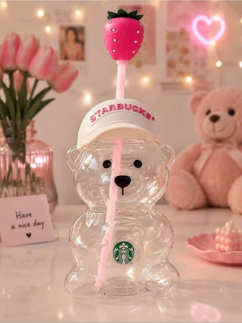 Starbucks Clear Bear Cup with Pink Straw and Strawberry Topper